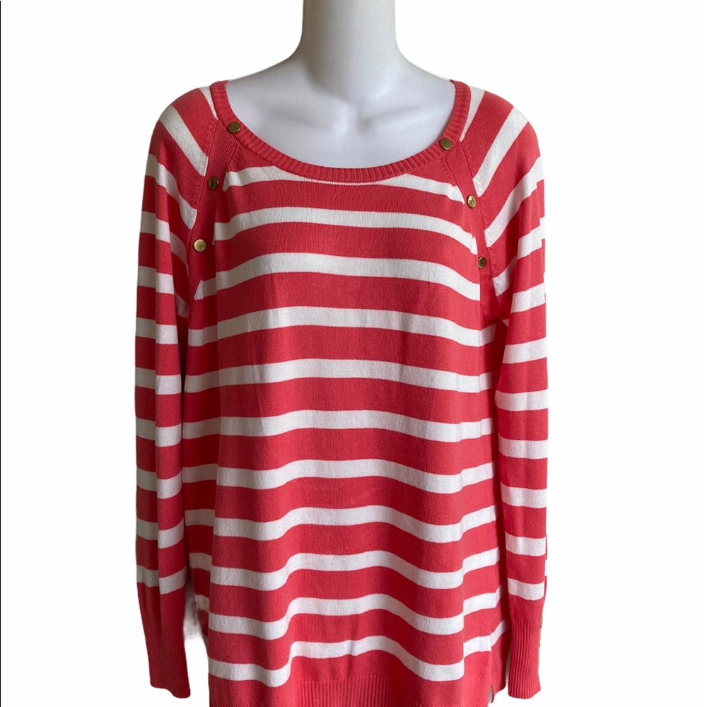 NWT Roz & Ali Salmon Coral White Striped Sweater Medium Lightweight Rayon Blend